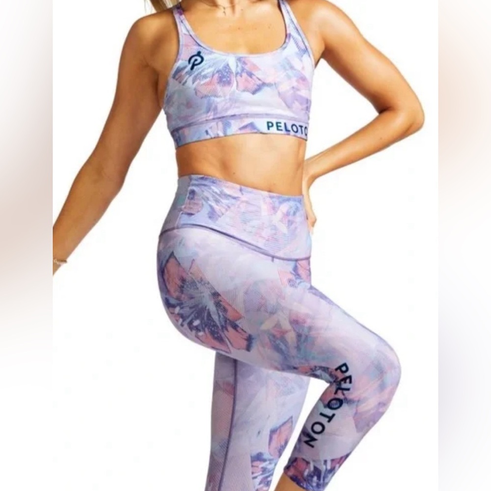 Peloton x WITH floral 2k blue pink bra & matching crop leggings set, size medium